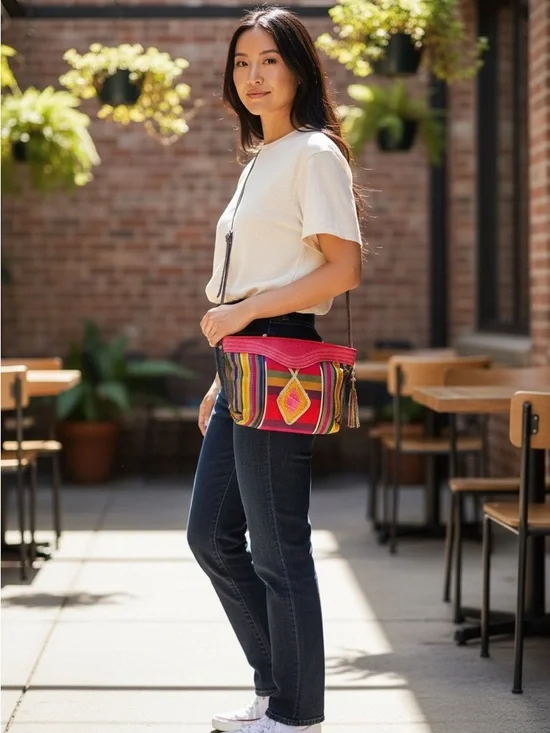 Vintage Sharif Colorful Striped Crossbody Bag with Tassel Accent zip closure - Picture 3 of 6